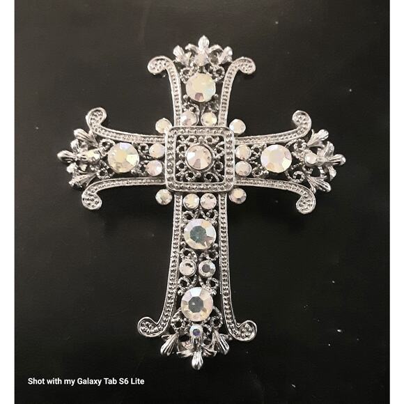 Ornate Silver Tone Cross Pendant Aurora Borealis Rhinestones - Picture 2 of 11